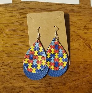 large size faux leather Autism puzzle earrings